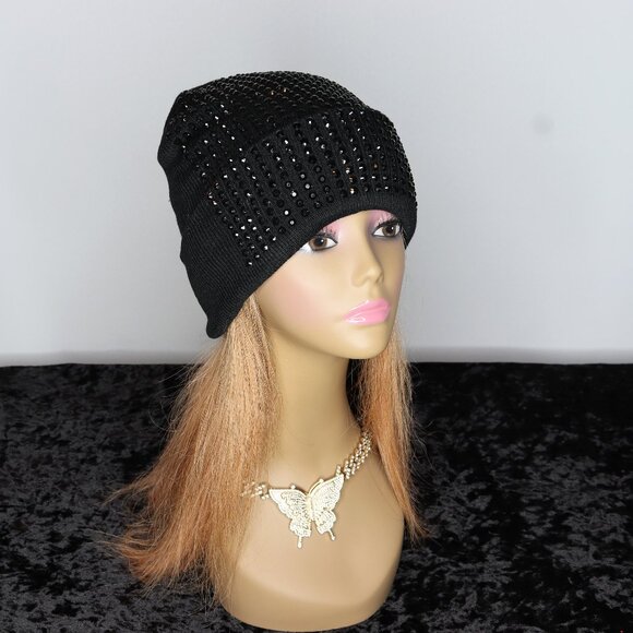 Accessories - Women's Rhinestone Studded Beanie - Black